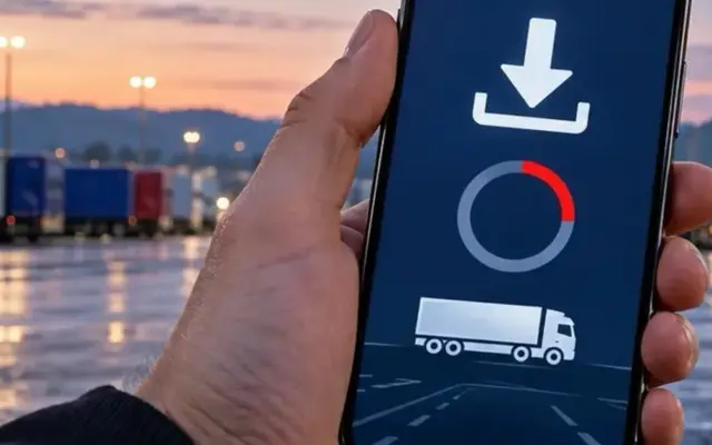 O mână ține un smartphone pe al cărui ecran apare o ilustrație cu o săgeată de descărcare/update, un cerc de progres și pictograma unui camion