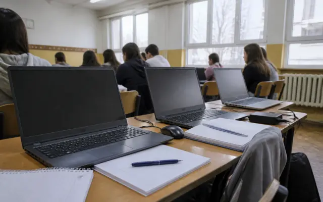O sală de clasă cu elevi văzuți de la spate, așezați în bănci