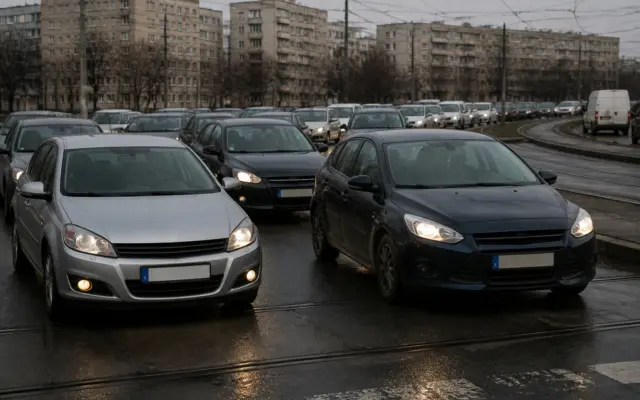 O imagine cu o aglomerare de autoturisme care stau la coadă pe o șosea cu linii de tramvai, într-o zonă urbană cu blocuri în fundal