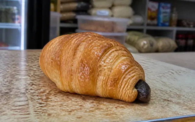 Un corn (croissant) cu ciocolată așezat pe o tejghea maronie, aspră